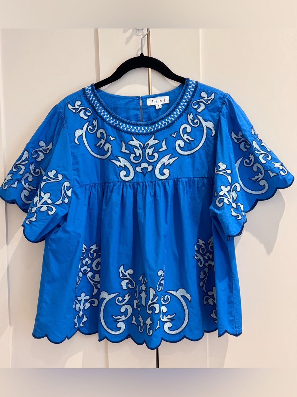 THML Bright Blue Embroidered Scallop Hem Flutter Top